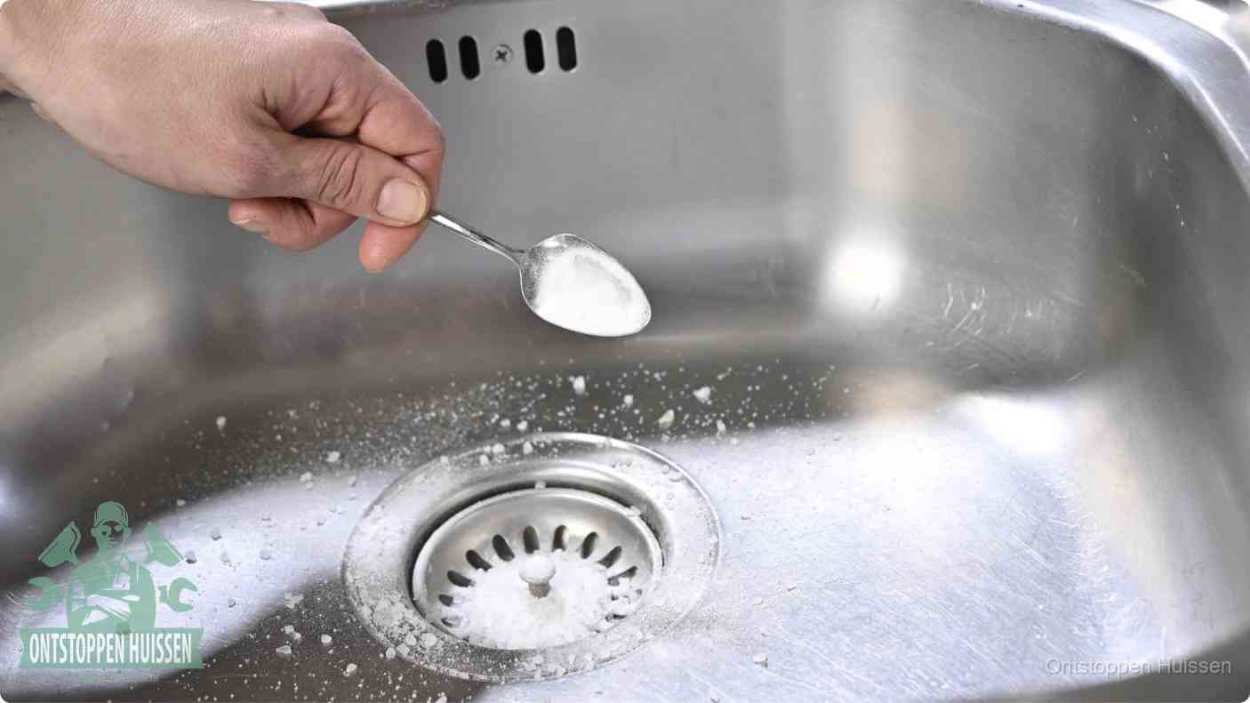 Een hand strooit met een lepel soda in de afvoer van een roestvrijstalen spoelbak, de soda en azijn huismiddel-methode om de afvoer te ontstoppen in Huissen