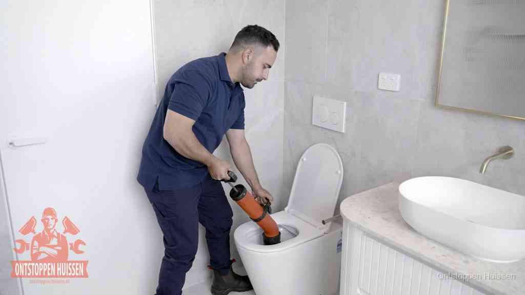 Een monteur gebruikt een handmatige perspomp (toiletontstopper) op een wandcloset tijdens het professioneel wc ontstoppen in Huissen