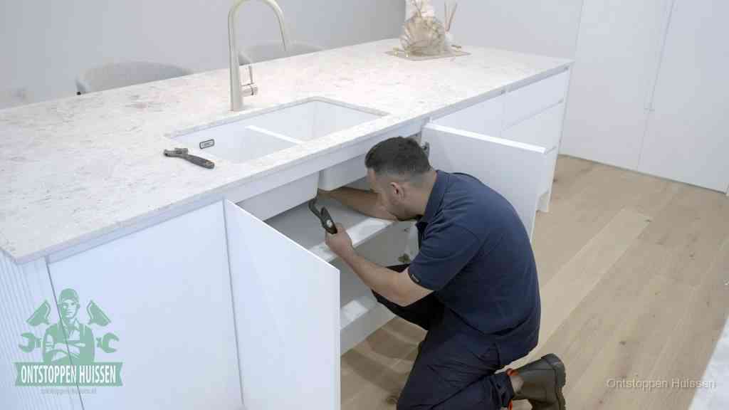 Een man knielt voor een open keukenkast onder de spoelbak om zelf de verstopte afvoer aan te pakken in Huissen